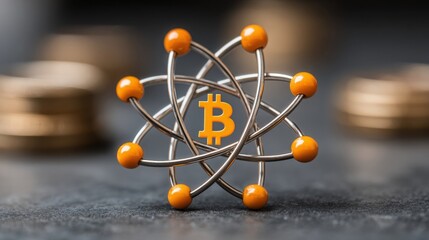 Poster - Dollar sign overlaid on atom model representing quantum blockchain synchronization in real-time systems