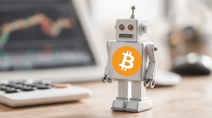 Poster - Futuristic robot holding a bitcoin coin symbolizing autonomous ai strategist in digital currency investment
