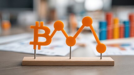 Poster - Wooden block featuring a bitcoin symbolizing analysis and strategic thinking in cryptocurrency market trends
