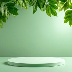 Poster - Creative showcase of fresh green leaves on a circular display natural setting photography studio environment top-down viewpoint for enhanced aesthetic appeal