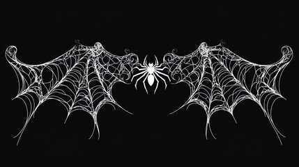 Intricate white spiderweb wings design with spider on black background.