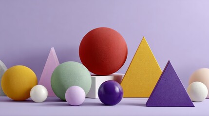 Poster - Collection of colorful balls and triangles arranged on a white surface. The balls are of various sizes and colors, while the triangles are of different shapes and sizes. The arrangement of the balls