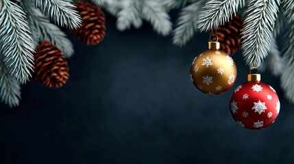 Wall Mural - two gold and red christmas ornaments hanging from a tree branch. the background is a dark blue color