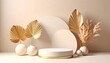© SUPERARTMAN - Elegant minimalist display with decorative vases and golden leaves studio setting still life art soft lighting aesthetic design