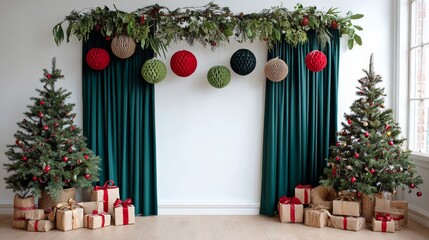 Wall Mural - christmas tree is surrounded by green curtains and red and green balls. the scene is set up for a ch