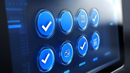 Close up of a blue touchscreen interface with multiple buttons and check marks shown