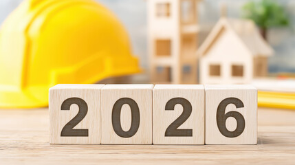 Poster - Building Future with Number Blocks Signifying Year 2026 Surrounded by Construction Materials and Models in a Bright Workspace Environment