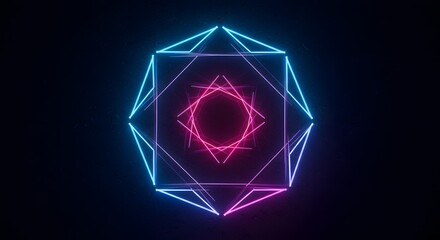 Poster - Abstract geometric design featuring a neon blue and pink polygonal shape with inner square and circle elements, glowing against a dark background.