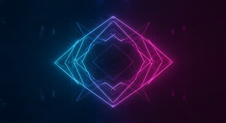 Poster - Abstract geometric design featuring nested diamond shapes illuminated with vibrant blue and pink neon gradients against a dark background.