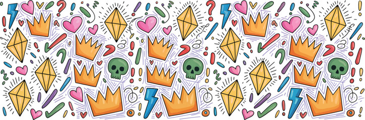 Poster - Whimsical Crown Pattern: An enchanting pattern of crowns, hearts, and diamonds dances across the surface, punctuated by dashes of playful symbols, creating a captivating visual symphony.