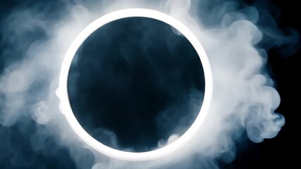 Poster - Mysterious Circular White Object Surrounded by Swirling Smoke Creates Captivating Atmosphere Against Dark Background, Enhancing Visual Impact and Depth.