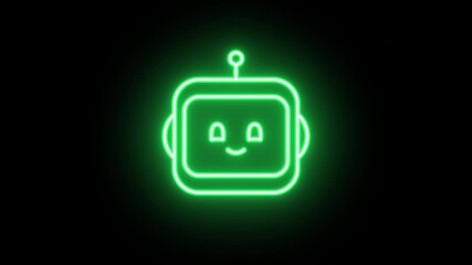 Poster - Neon chat bot icon animation, uniform rotation with color blink. Glowing neon 3D robot face icon, looped spin with blink. Friendly virtual assistant with AI technology, smiling smart bot. 4 colors