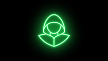 Poster - Neon hacker icon, uniform rotation with color blink. Glowing neon 3D cyber thief icon, looped spin with blink. Hacker with hood, scammer, data theft, hacking account, internet scam. 4 colors