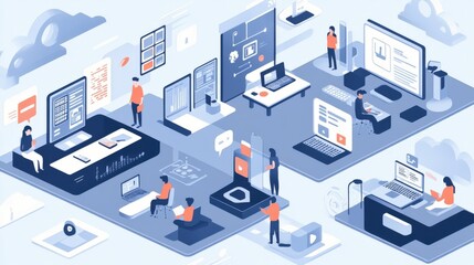 Diverse group of people working in an isometric office setting.