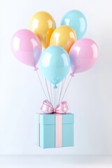 Wall Mural - Gift Box with Balloons: A captivating and joyful arrangement features a present box adorned with a pink ribbon, gracefully suspended in the air by a cluster of colorful balloons.
