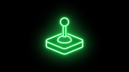 Poster - Neon control joystick icon animation, uniform rotation with color blink. Glowing neon 3D arcade joystick icon, looped spin with blink. Retro controller, game joypad, vintage control lever. 4 colors