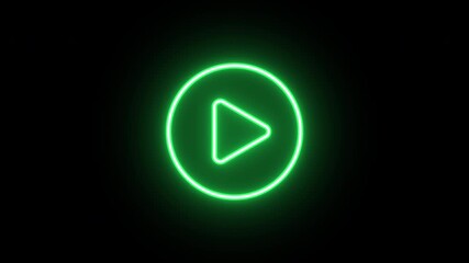 Poster - Neon play button icon animation, uniform rotation with color blink. Glowing neon 3D play button icon, looped spin with blink. Multimedia player, start play media, music and video content. 4 colors