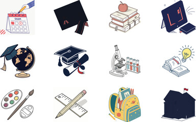 Poster - Education icons of study learning science graduation and school supplies in illustration