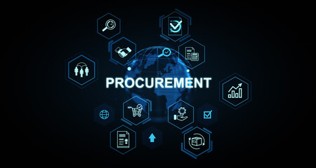 Poster - Procurement concept with digital icons showing supply chain, logistics, and business operations around glowing global network on dark background. 3D Rendering