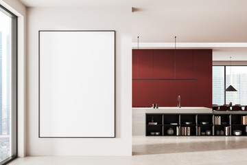 Poster - Modern empty poster mockup in bright kitchen interior with red cabinetry and city view through window, ideal for clean design presentations. 3D Rendering