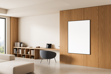 Poster - Empty poster mockup on wooden wall in modern home office interior with minimal desk and chair setup near bright window backdrop concept layout space. 3D Rendering