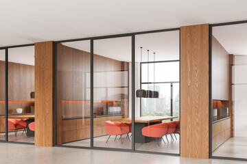 Poster - modern office interior with wood panels, glass walls, red chairs, and city view, showcasing a stylis
