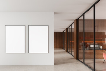 Poster - Two blank poster mockups on a clean white wall in a bright modern office hallway with glass and wood interior design concept. 3D Rendering. 3D Rendering