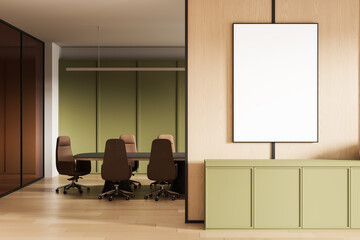 Poster - Blank poster mockup in stylish modern office interior with green paneling, wooden walls, and brown chairs around a black meeting table. 3D Rendering