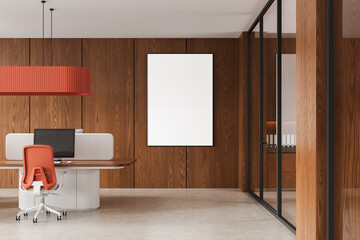 Poster - Modern office interior with empty poster mockup on wooden wall next to clean desk and glass partition in bright minimalist design concept. 3D Rendering