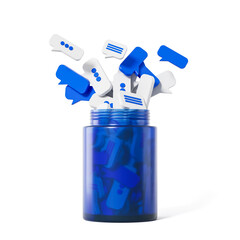 Poster - Blue pill bottle filled with social media chat bubble icons representing digital communication and messaging concept on white background. 3D Rendering