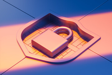 Poster - Cybersecurity padlock inside shield symbol on stylized surface representing secure data protection concept in futuristic digital environment. 3D Rendering