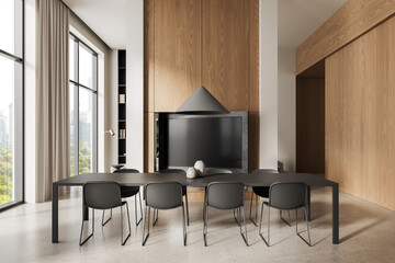 Poster - Modern dining room interior with wooden wall panels, large windows, and minimalist black furniture in a contemporary architectural concept space. 3D Rendering