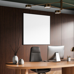 Poster - Blank poster mockup on wooden wall in modern office interior with clean desk, computer setup, and decorative elements in neutral tones. 3D Rendering