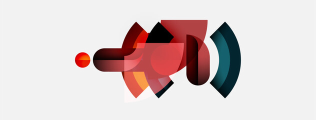 Poster - Abstract geometric shapes overlap, creating dynamic composition. Red, blue hues dominate design, suggesting movement, depth.