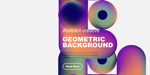 Poster - Abstract geometric background design. Vibrant colors, shapes create modern visual. Includes text, button for more info.