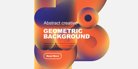 Poster - Fluid shapes, vibrant colors, geometric design. Modern aesthetic, text overlay, button element present. Minimalist composition.