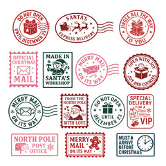 vector christmas stamps in red, green and pink with santa, elves, gifts and funny slogans on white b