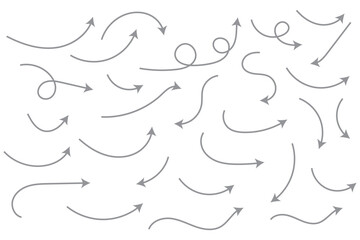 Poster - Hand drawn arrows icon set. Sketch curved arrows design. Arrow handmade. Doodle arrows of varios shapes and directions. Pointer and cursor icons.