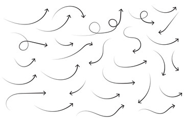 Poster - Hand drawn arrows icon set. Sketch curved arrows design. Arrow handmade. Doodle arrows of varios shapes and directions. Pointer and cursor icons.