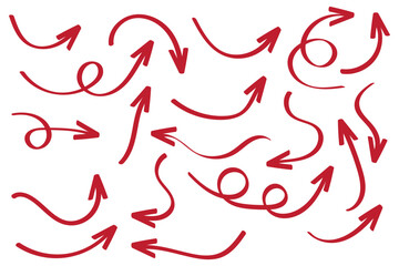 Poster - Hand drawn arrows icon set. Sketch curved arrows design. Arrow handmade. Doodle arrows of varios shapes and directions. Pointer and cursor icons.