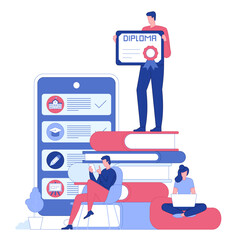 Poster - E-learning, Online education, Home schooling, Webinar training, Tutorial podcast and Business coaching. Modern vector illustration with characters and icons for website and mobile development.
