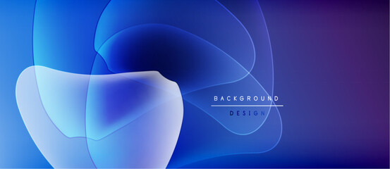 Poster - Abstract blue shapes overlap, creating fluid design. Gradient colors suggest depth, modern aesthetic. Minimal text present.