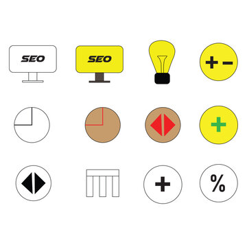 Seo computer screen light bulb plus minus and arrows icons