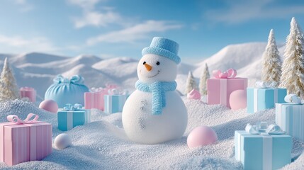 Wall Mural - A cheerful snowman with a blue hat and scarf stands amidst pastel-colored gift boxes on a snowy landscape under a clear blue sky.