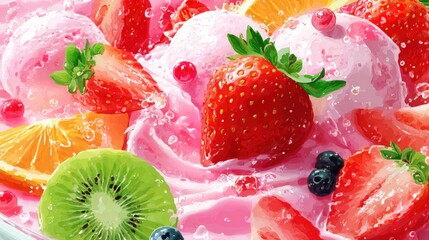 Wall Mural - Vibrant fruit and pink ice cream dessert with strawberries, kiwi, orange slices, and berries, creating a refreshing and colorful treat.