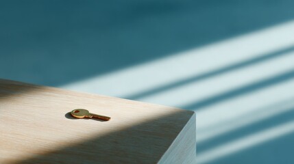Poster - A simple key resting on a wooden surface. Soft shadows create a tranquil atmosphere. Ideal for themes of security and access. A minimalist style. Explore the symbolism of unlocking potential. AI