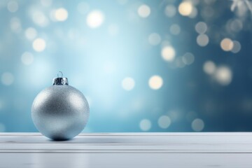 Poster - Silver christmas ball on white wooden table with blue bokeh background, perfect for christmas and winter holidays