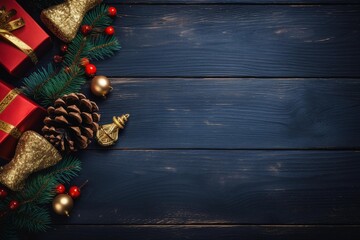 Poster - Christmas ornaments, red gift boxes, and pine branches are creating a festive atmosphere on a dark blue wooden background