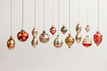 Poster - Elegant christmas ornaments hanging from red and black strings against a white background, creating a festive holiday scene
