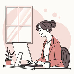 Poster - Flat vector of a young businesswoman working on a computer at a modern desk, with coffee cup, plant, and window in the background, professional work-from-home setup, soft color palette
